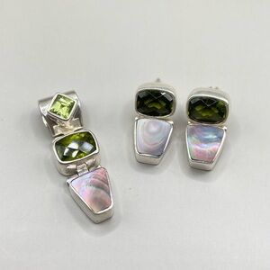 Vintage Acleoni Green and Mother of Pearl Pendant and Post Earrings Set